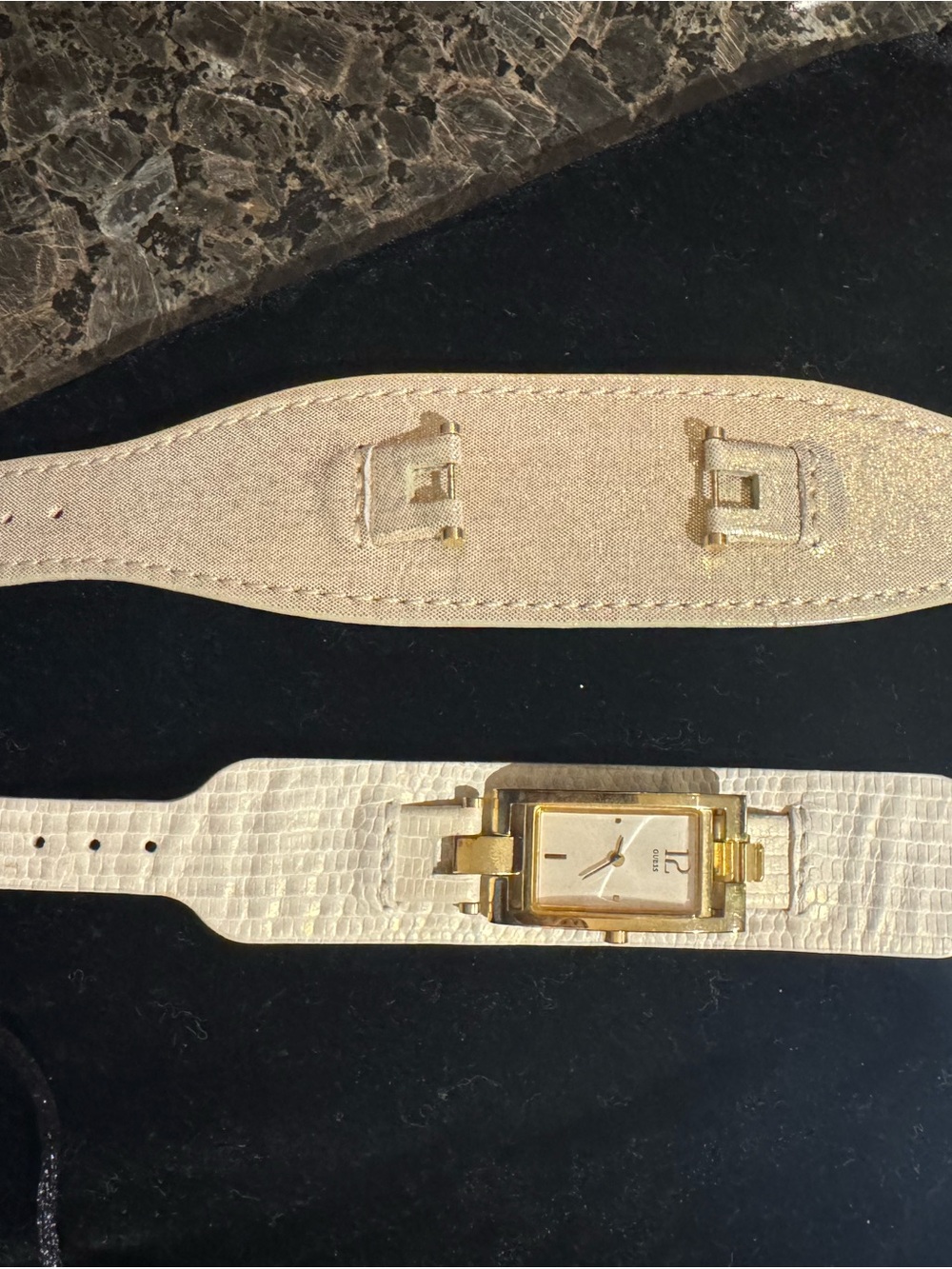Guess Gold-Tone Rectangular Watch on Cream Cuff